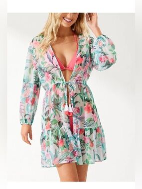 Tommy Bahama Tropi-Calling Tiered Tunic Spring Floral Size Medium